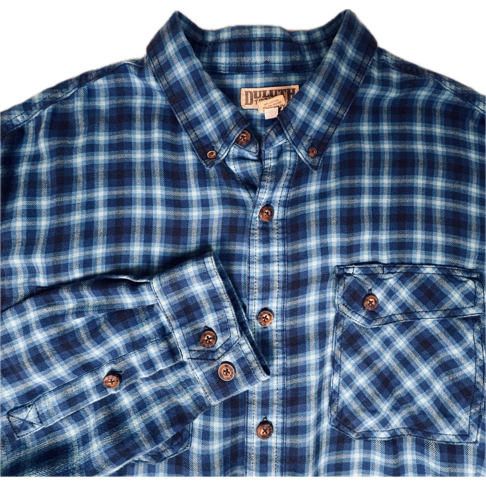 Duluth Trading Co Button Down Shirt Men 2XL Blue Plaid Flannel Outdoor Rugged